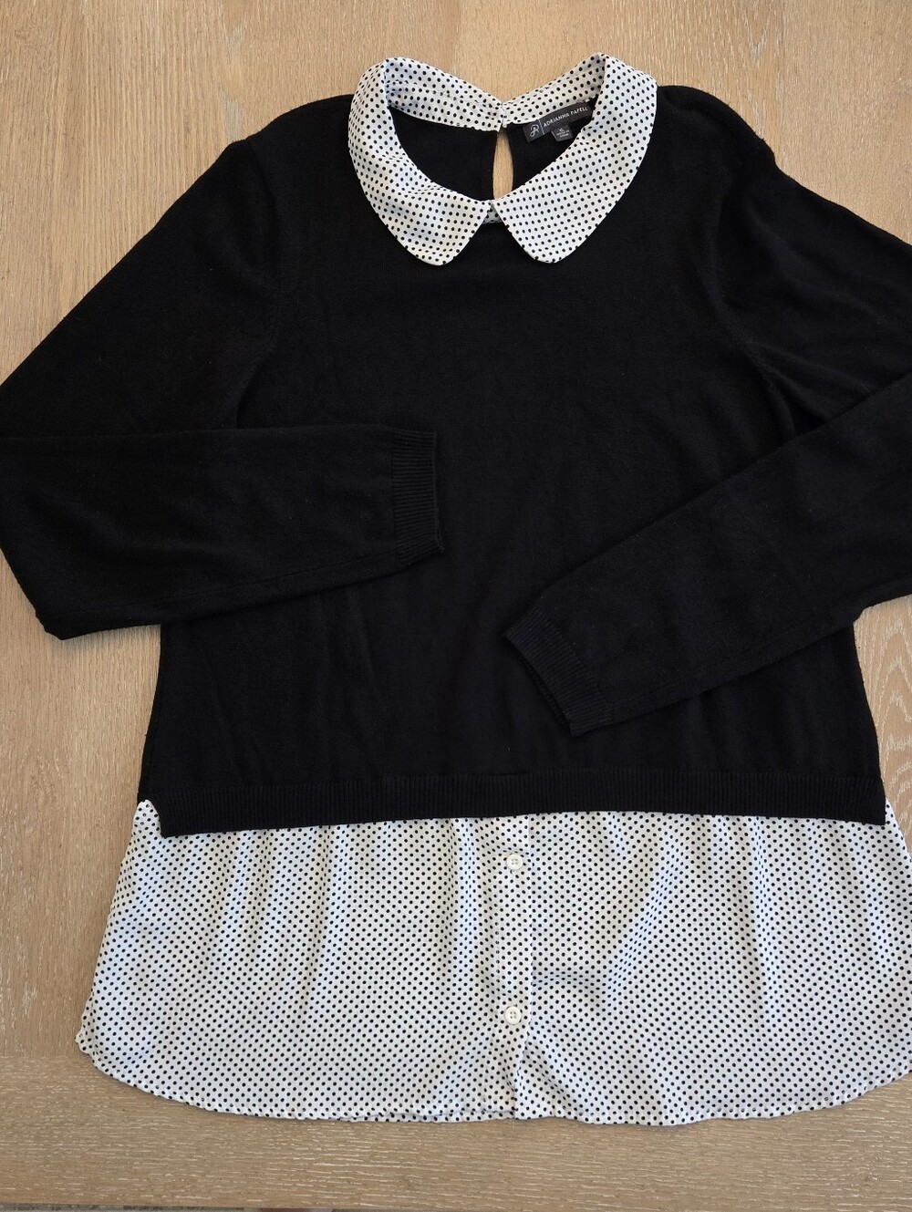 Adrianna Papell Black Layered Sweater with White Polka Dot Peter Pan Collar